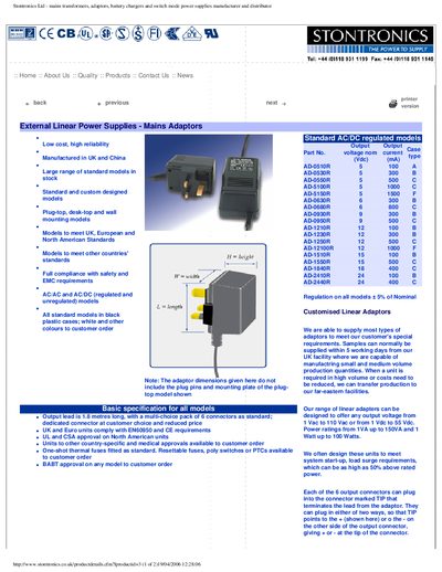 Stontronics External Linear Power Supplies Mains Adaptors Product Leaflet - cover page