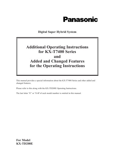 Panasonic KX-TD208E User Manual Addendum - cover page