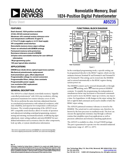 Analog Devices AD5235 Digital Potentiometer Datasheet