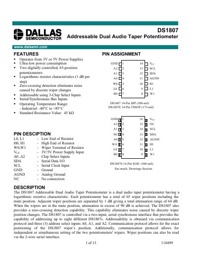 Dallas DS1807 Addressable Dual Audio Taper Potentiometer Datasheet - cover page