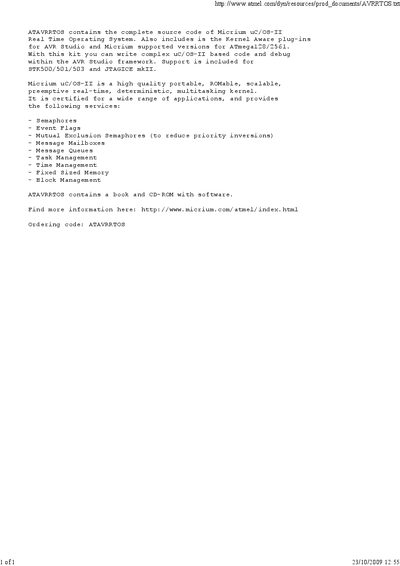 Atmel ATAVRRTOS uC/OS-II Source Code Kit Product Description - cover page