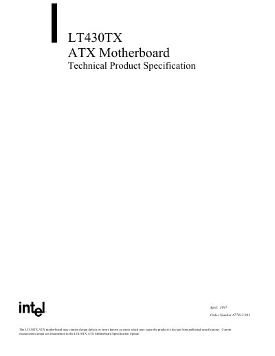 Intel LT430TX ATX Motherboard Technical Product Specification - cover page