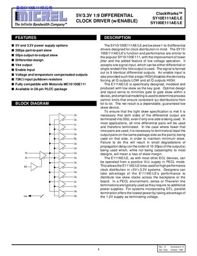 Micrel SY10E111AE/LE and SY100E111AE/LE ClockWorks Datasheet - cover page