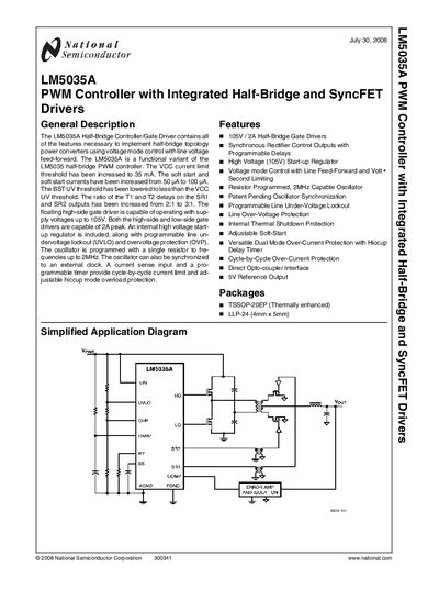 National Semiconductor LM5035A PWM Controller with Integrated Half-Bridge SyncFET Drivers Handbook - cover page