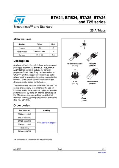 STMicroelectronics BTA24/BTB24/BTA25/BTA26/T25 Triac Series Datasheet - cover page