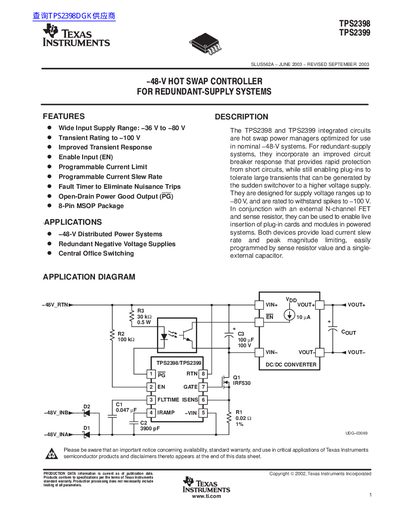 Texas Instruments TPS2398/TPS2399 -48-V Hot Swap Controller Datasheet - cover page
