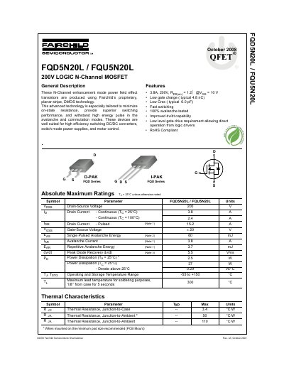 Fairchild Semiconductor FQD5N20L/FQU5N20L 200V Logic N-Channel MOSFET Datasheet - cover page