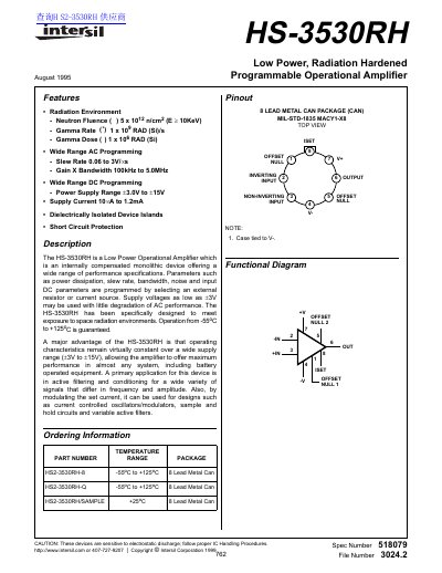 Intersil HS-3530RH Programmable Operational Amplifier Datasheet - cover page