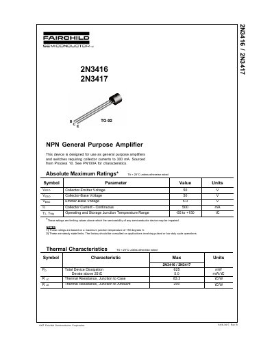 Fairchild Semiconductor 2N3416/2N3417 NPN General Purpose Amplifier Datasheet - cover page