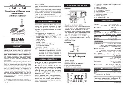 Hanna Instruments HI 208/207 Educational Bench Meters Instruction Manual - cover page