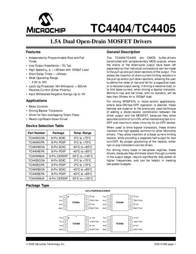 Microchip TC4404/TC4405 Dual Open-Drain MOSFET Driver Datasheet - cover page