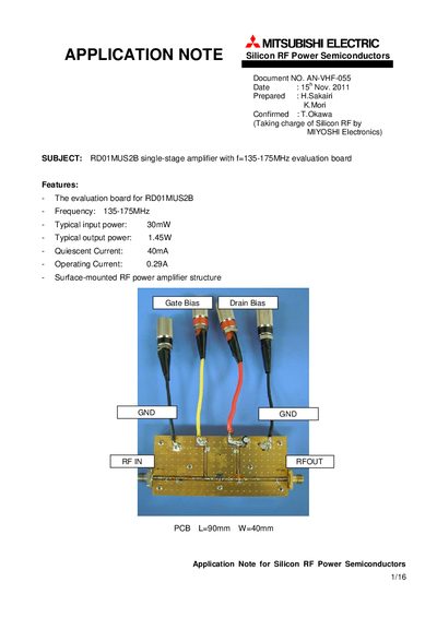 MITSUBISHI ELECTRIC RD01MUS2B single-stage amplifier with f=135-175MHz evaluation board Manual - cover page