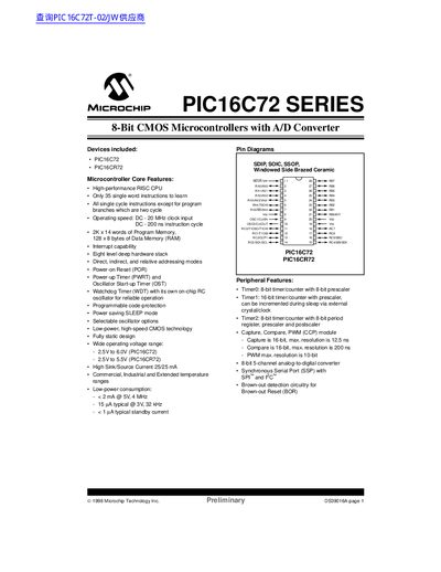 Microchip PIC16C72 Series Data Sheet - cover page