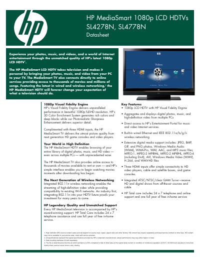 HP MediaSmart 1080p LCD HDTV SL4278N SL4778N Datasheet - cover page