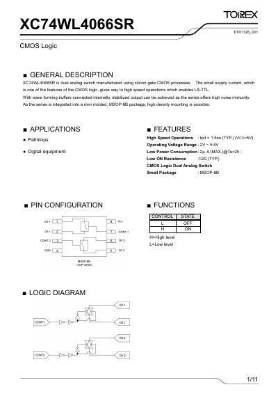 Torex XC74WL4066SR Dual Analog Switch Datasheet - cover page