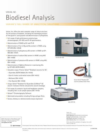 Agilent Biodiesel Analysis Solutions Product Leaflet - cover page