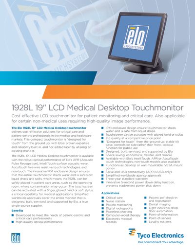 Elo 1928L19 LCD Medical Desktop Touchmonitor Product Leaflet - cover page