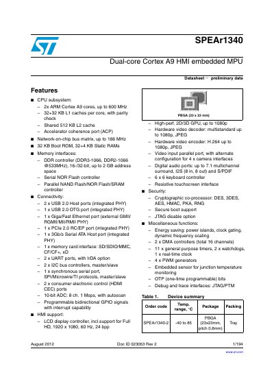 STMicroelectronics SPEAr1340 Datasheet