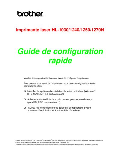 Brother HL-1030/1240/1250/1270N Laser Printer User Guide - cover page