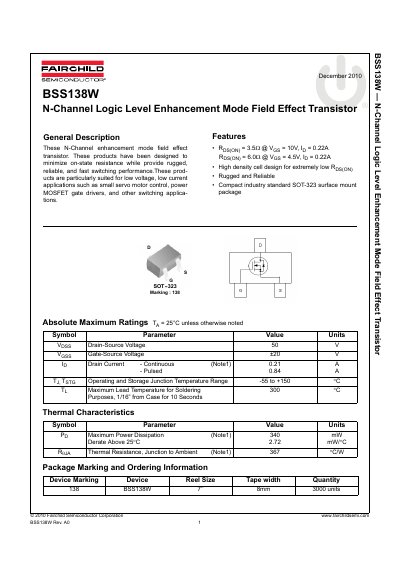 Fairchild Semiconductor BSS138W N-Channel MOSFET Datasheet