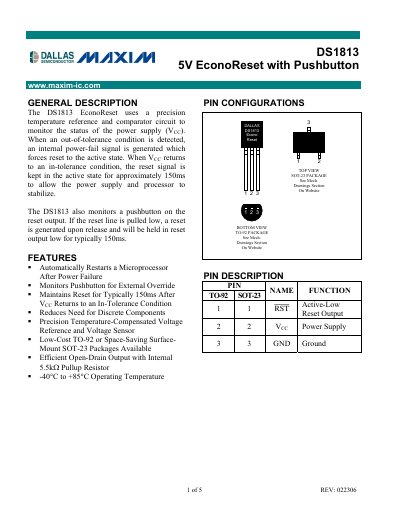 Maxim DS1813 EconoReset Datasheet - cover page