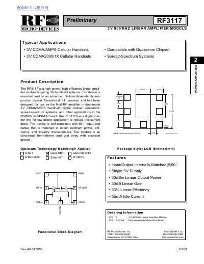 RF Micro Devices RF3117 900MHz Linear Amplifier Module Datasheet - cover page