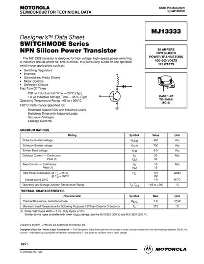 Motorola MJ13333 Power Transistor Datasheet - cover page