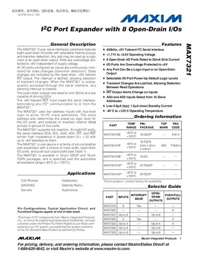Maxim MAX7321 I2C Port Expander Datasheet - cover page