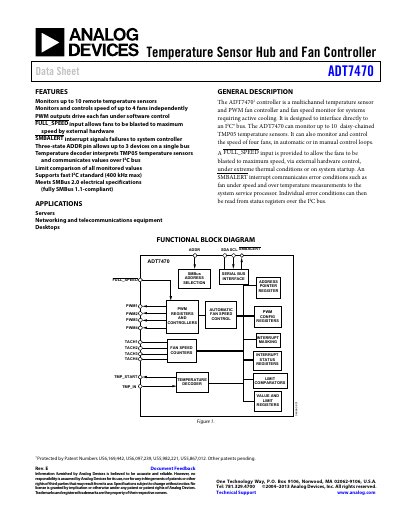 Analog Devices ADT7470 Temperature Sensor Hub and Fan Controller Data Sheet - cover page
