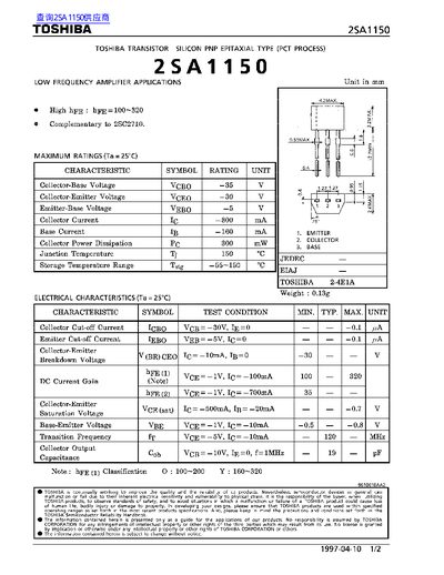 Toshiba 2SA1150 Transistor Datasheet - cover page