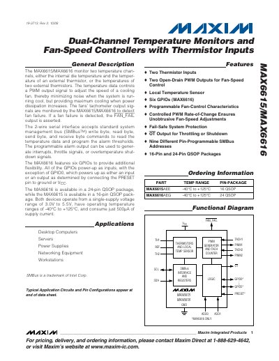 Maxim MAX6615/MAX6616 Dual-Channel Temperature Monitor and Fan‑Speed Control Datasheet - cover page