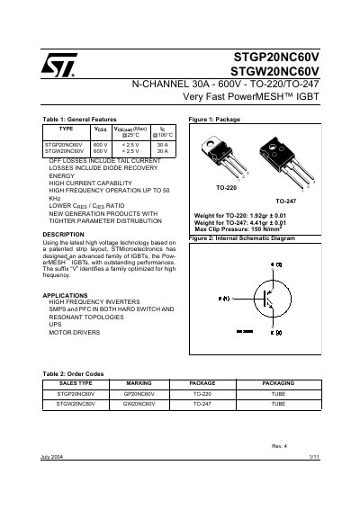 STMicroelectronics STGP20NC60V / STGW20NC60V IGBT Datasheet - cover page