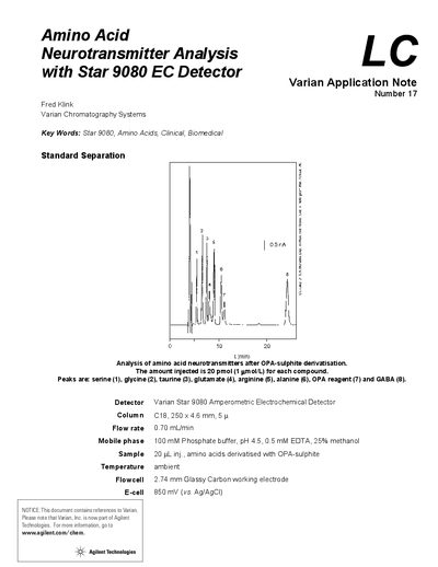 Varian Star 9080 Amperometric Electrochemical Detector Amino Acid Neurotransmitter Analysis Application Note - cover page