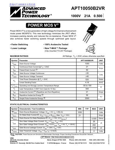 ADVANCED POWER TECHNOLOGY EUROPE APT10050B2VR 1000V 21A 0.500 handbook - cover page