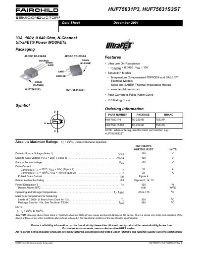 Fairchild Semiconductor HUF75631P3/HUF75631S3ST 33A Power MOSFET Datasheet