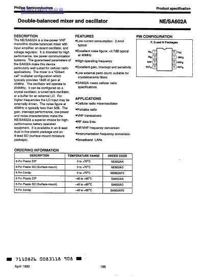 Philips NE/SA602A Double-Balanced Mixer and Oscillator Datasheet - cover page