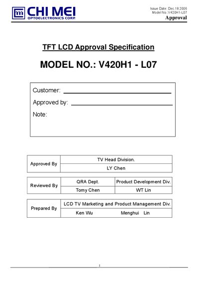 Chimei V420H1-L07 TFT LCD Approval Specification - cover page