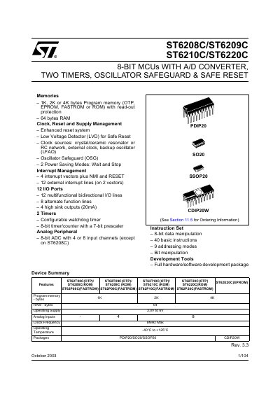 STMicroelectronics ST6208C/ST6209C/ST6210C/ST6220C 8‑bit MCU Datasheet - cover page