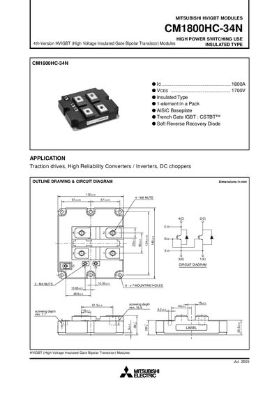 Mitsubishi CM1800HC-34N HVIGBT Module Datasheet - cover page