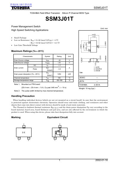 Toshiba SSM3J01T Power Management Switch Datasheet