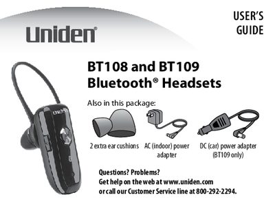 Uniden BT108/BT109 Bluetooth Headsets User's Guide - cover page