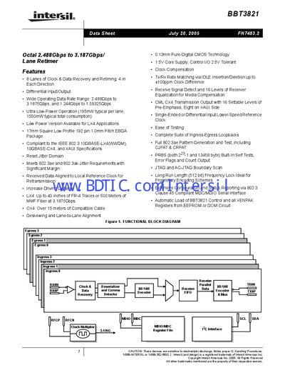 Intersil BBT3821 10GBASE‑LX4/XAUI Re‑timer Datasheet - cover page