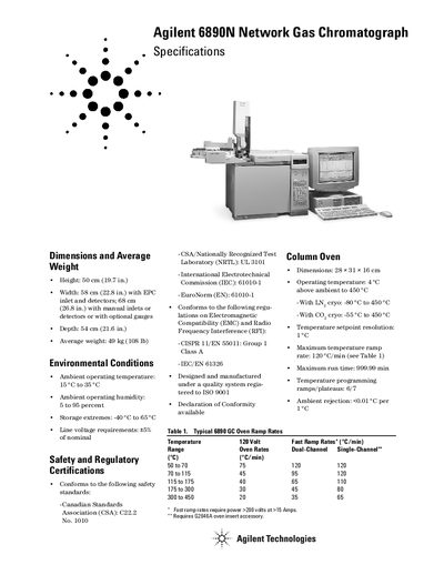 Agilent 6890N Network Gas Chromatograph Specifications - cover page