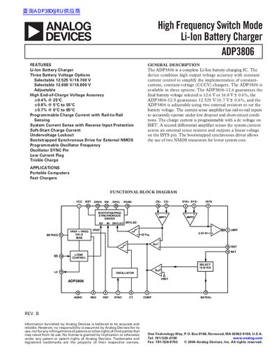 Analog Devices ADP3806 High Frequency Switch Mode Li-Ion Battery Charger Datasheet - cover page