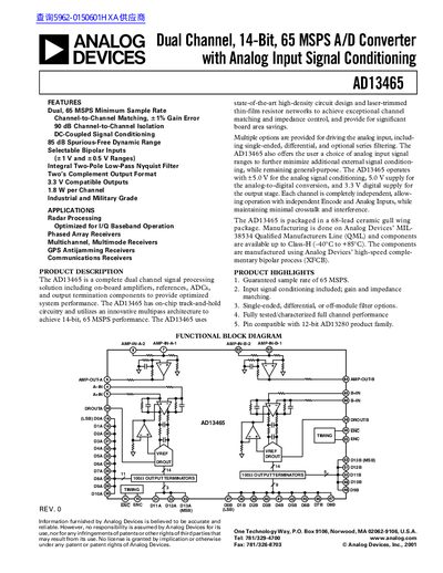 ANALOG DEVICES AD13465 Dual Channel 14-Bit 65 MSPS A/D Converter with Analog Input Signal Conditioning handbook - cover page