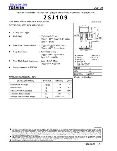 Toshiba 2SJ109 P-Channel JFET Datasheet - cover page