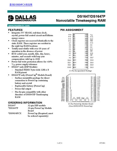 Dallas Semiconductor DS1647/DS1647P Nonvolatile Timekeeping RAM Datasheet - cover page