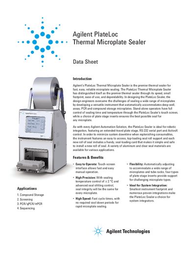 Agilent PlateLoc Thermal Microplate Sealer Data Sheet - cover page