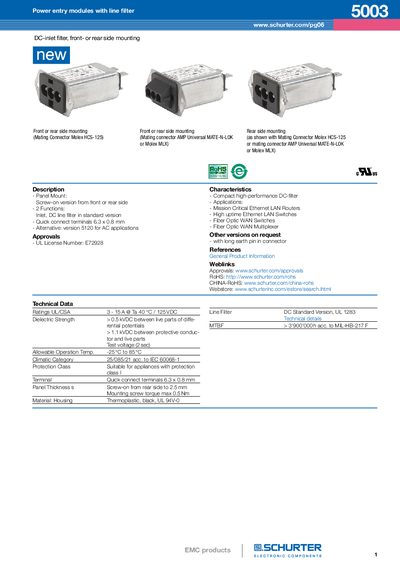 SCHURTER 5003 Power Entry Module with Line Filter Handbook - cover page