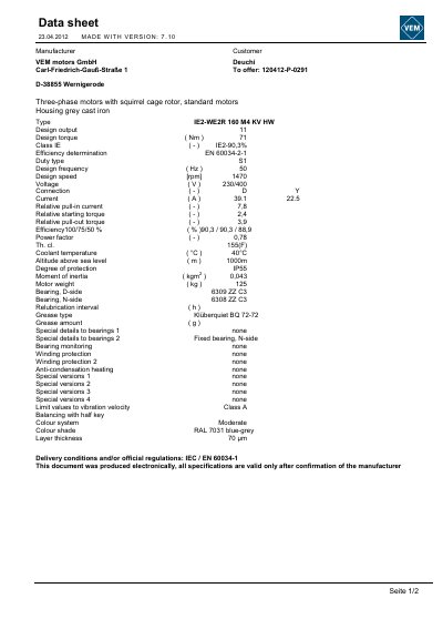 VEM IE2-WE2R 160 M4 KV HW Three-Phase Motor Data Sheet - cover page
